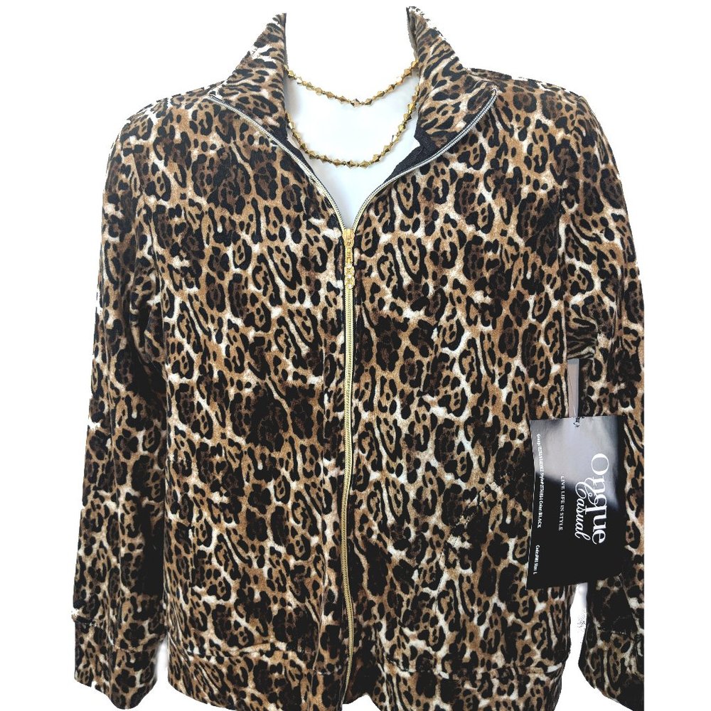 Onque Casual Leopard Animal Print Velour Jacket